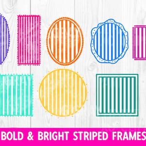 May include: A collection of eight decorative frames in various shapes including circles, ovals, squares, and rectangles. Each frame features a bold, vertical striped pattern in vibrant colors such as purple, pink, orange, blue, yellow, and teal.