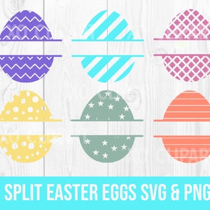 May include: A collection of six split Easter egg designs in various colors and patterns. Each egg has a horizontal line across the middle, creating space for text. The eggs feature designs like zigzags, stripes, polka dots, and stars. The text "SPLIT EASTER EGGS SVG & PNG" is at the bottom.