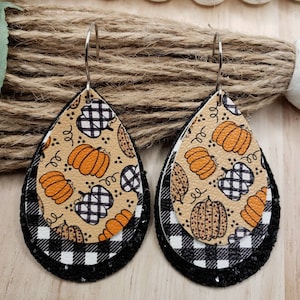 3 Layer Faux Leather Earrings ~ Check and Leopard Pumpkins on Tan with a Check Layer and Black Glitter Layer
