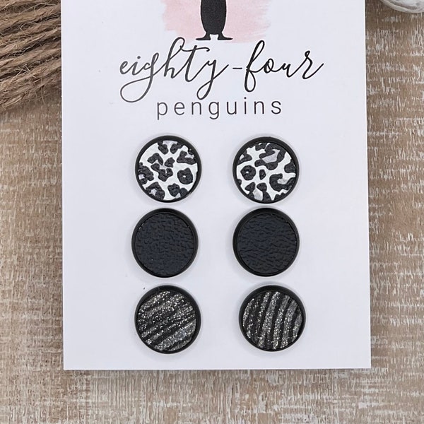 Set of Three 12mm Bezel Stud Earrings ~ White, Black and Gray Leopard ~ Gray Wave Glitter ~ Solid Black ~ Faux Leather and Glitter