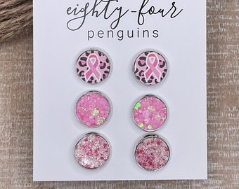 Breast Cancer ~ Set of Three 12mm Bezel Stud Earrings ~ Faux Leather and Glitter ~ Pink ~ Fight ~ Love ~ Support ~ Pink Ribbon ~ Awareness