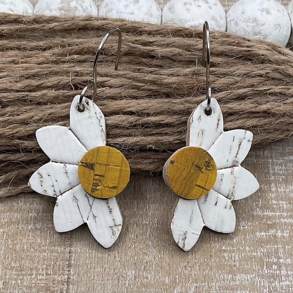 Leather Backed Cork Earrings ~ Daisy ~ Flower ~ Petite ~ Embossed ~ Delicate ~ Great Gift ~ Nature Lover ~ Two Color ~ Flower Earrings