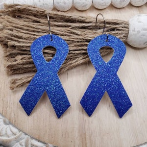 Royal Blue Fine Glitter Colon Cancer Awareness Ribbon Earring ~ Leather Back Fine Glitter