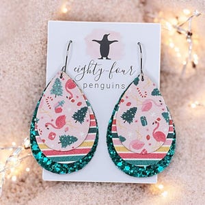 3 Layer Faux Leather Teardrop Earrings ~ Have a Flamazing Christmas ~ Flamingos in Santa Hats ~ Holiday ~ Celebrate ~ Great Gift Idea