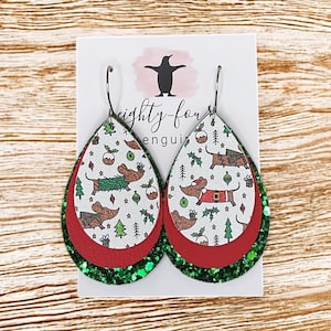 3 Layer Faux Leather Earrings ~ Dachshund Through the Snow ~ Santa Dachshunds ~ Christmas ~ Holiday ~ Great Gift for Dachshund Lover