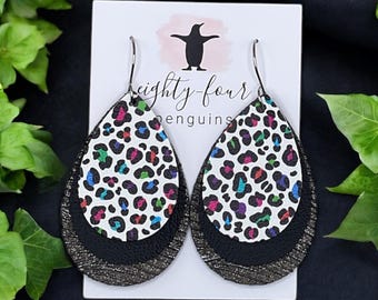 Black and Rainbow Leopard ~ 3 Layer Faux Leather Teardrop Earrings
