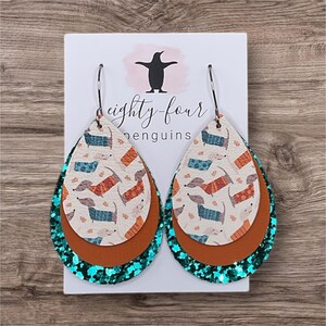 3 Layer Faux Leather Earrings ~ Dachshunds in Sweaters ~ Fall Dachshunds