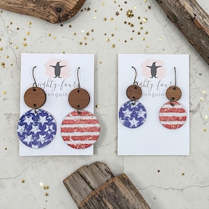 Stars and Stripes ~ Wood and Leather Backed Cork Earrings ~ 2 Sizes ~ America ~ Red, White and Blue ~ USA ~ July 4th ~Flag ~ America