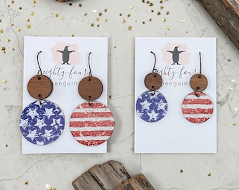 Stars and Stripes ~ Wood and Leather Backed Cork Earrings ~ 2 Sizes ~ America ~ Red, White and Blue ~ USA ~ July 4th ~Flag ~ America