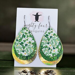 3 Layer Faux Leather Earrings ~ St. Patrick&#39;s Clover and Leprechaun Hats