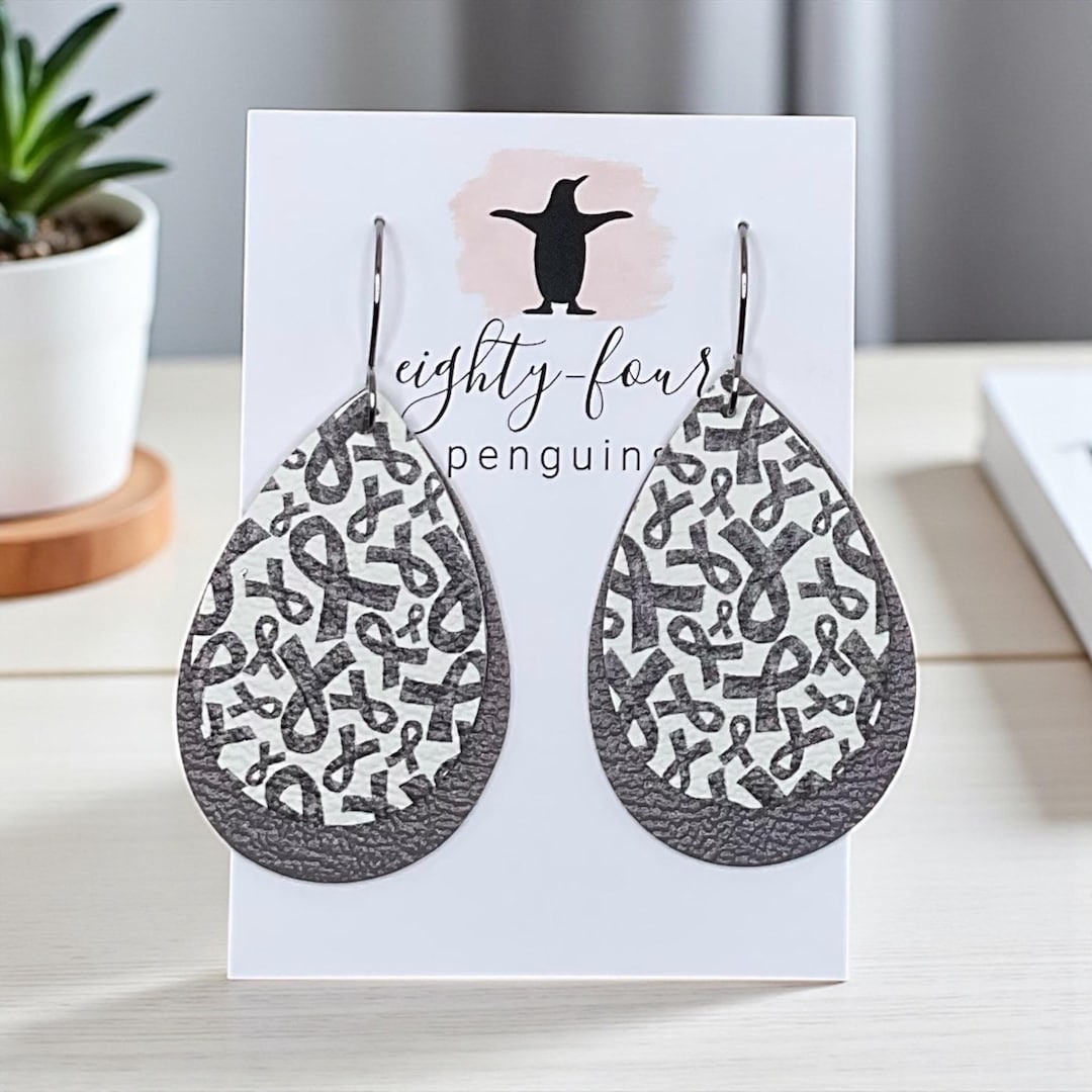 Brain Print Ribbon Brain Cancer Awareness Ribbon Print ~ 2 Layer Faux Leather Teardrop ...