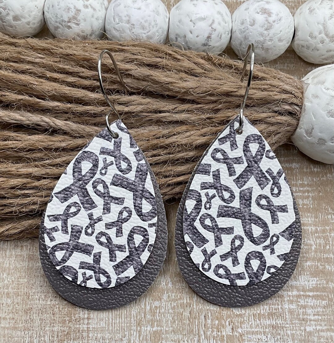 Brain Print Ribbon Brain Cancer Awareness Ribbon Print ~ 2 Layer Faux Leather Teardrop ...