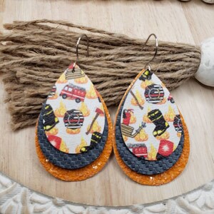 3 Layer Faux Leather Earrings ~ Fire Fighter