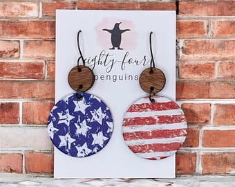 Stars and Stripes ~ Wood and Leather Backed Cork Earrings ~ America ~ Red, White and Blue ~ USA ~ July 4th ~Flag ~ America ~ Great Gift