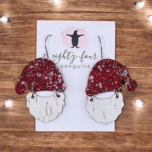 Leather Backed Cork Earrings ~ Red Splatter Santa Hat with Beard