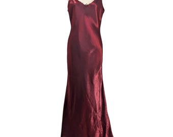 Vintage Y2K Burgundy Satin Slip Dress Rhinestone Back