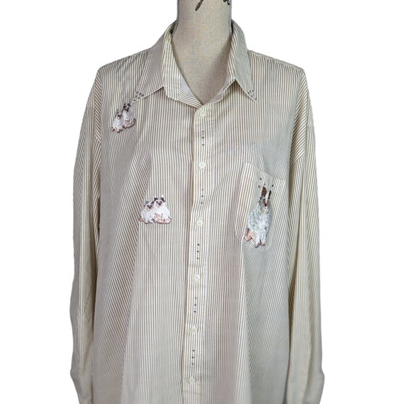 Vintage Embroidered Cat Striped Button Down Shirt 