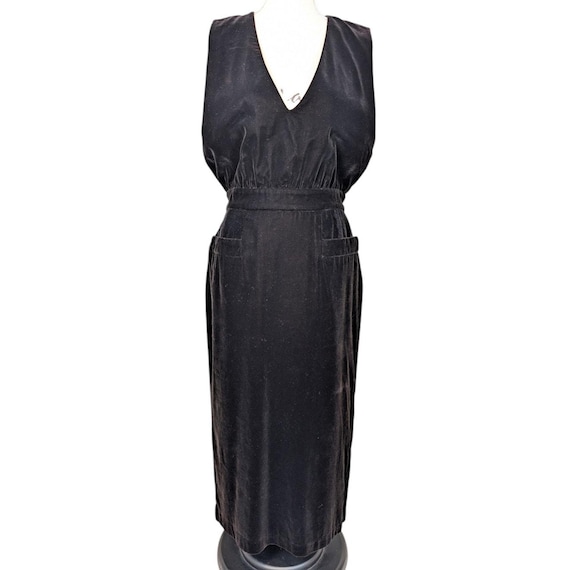 Vintage Talbots Black Velvet Midi Dress | Sleeveless V-Neck