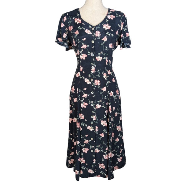 Vintage 90s Floral Print Button Front Midi Dress Blue and Pink