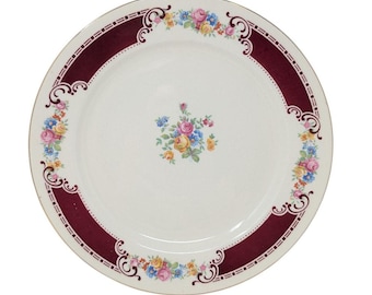 Homer Laughlin Majestic Dinner Plate Maroon Floral Pattern 9 inch