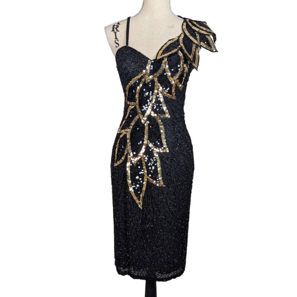 Vintage Black Tie Silk Beaded and Sequined Cocktail Dress Black and Gold