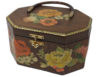 Vintage Wooden 1960s 1970s Box Purse with Floral Design Brown Orange and Yellow