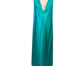 Vintage 90s Vanity Fair Teal Satin Nightgown Maxi Slip Sleep Dress XL 1X