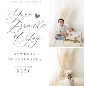 May include: A promotional image for newborn photography. The text reads "Time to Celebrate Your Bundle of Joy." The image features a young child with a baby, and a newborn baby wrapped in a blanket. The studio name is "DIA PHOTO STUDIO."