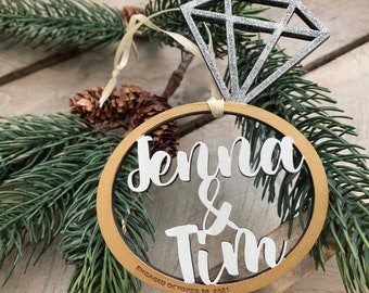 Personalized Laser Cut Wooden Diamond Ornament for Newlyweds and Engaged Couples