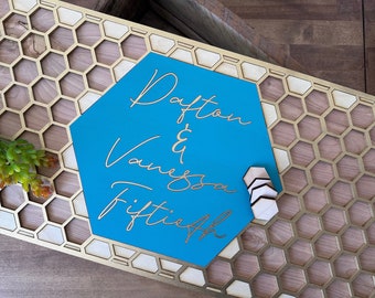 Gold Guest Book Alternative Hexagon Wedding wood Unique bright color guestbook creative different  Unconventional interactive rustic teal