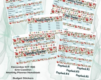 Può includere: Un set di adesivi per il budget stampabili con un design floreale in rosso, verde e bianco. Gli adesivi includono sezioni per il budget, il monitoraggio delle spese e la gestione del debito. Il testo "Full Budget Kit" è in alto nell'immagine.