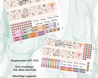 May include: A printable planner kit for September with a birdcage and floral design. The kit includes A5, mini, and full monthly layouts with boxes for notes, birthdays, appointments, and vacations.