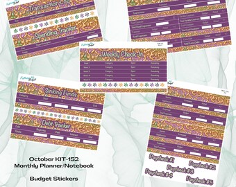 Può includere: Un kit di budget stampabile a tema Halloween. Il kit include pagine per tenere traccia delle spese, delle entrate e delle uscite. Le pagine sono decorate con uno schema di colori viola, arancione e verde e presentano un design fantasioso con zucche, pipistrelli e altre immagini di Halloween.