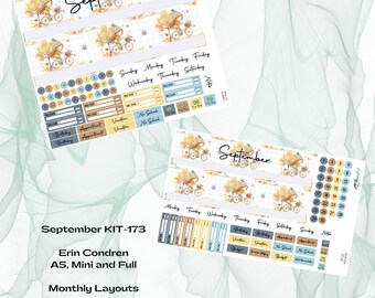 May include: A printable planner kit for September with a fall theme. The kit includes a monthly calendar, weekly planner, and various stickers. The design features a girl riding a bicycle with a basket of mushrooms. The text "September" is written in a decorative font.