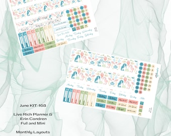 Può includere: Un set di adesivi per planner stampabili con un tema di cavalluccio marino. Gli adesivi sono in tonalità di blu, rosa e verde su sfondo bianco. Gli adesivi includono un calendario mensile, caselle giornaliere e vari altri accessori per planner. Il testo "June KIT-168" è stampato nell'angolo in basso a sinistra dell'immagine.