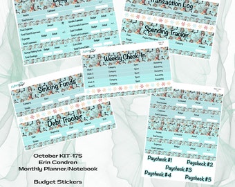 Può includere: Un kit di budget stampabile con un design fantasioso su sfondo blu e bianco con illustrazioni floreali e di uccelli. Il kit include pagine per la creazione di budget, il monitoraggio delle spese e la gestione dei debiti. Il testo "October KIT-175 Erin Condren Monthly Planner/Notebook Budget Stickers" è stampato nella parte inferiore della pagina.