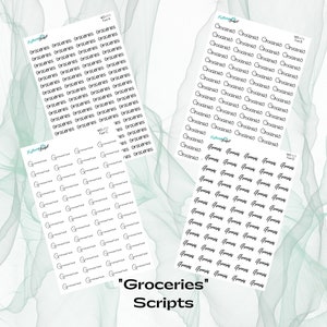 Op de afbeelding: Drie vellen met bedrukbare stickers met het woord "Groceries" geschreven in verschillende cursieve lettertypen. De vellen zijn gelabeld "WD-111 Font A", "WD-111 Font B" en "WD-111 Font C".