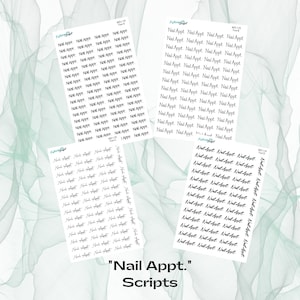 May include: Three sheets of printable stickers with the text "Nail Appt." written in cursive script. The sheets are labeled "Form A", "Form B", and "Form C".