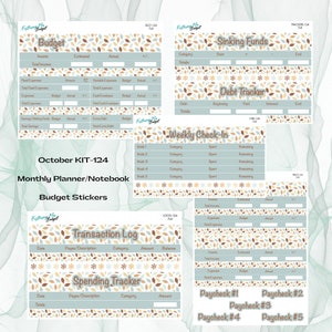 May include: A printable budget kit with a light blue background and a brown, white, and blue leaf pattern. The kit includes pages for tracking income, expenses, sinking funds, debt, weekly spending, and a transaction log. The kit is labeled "October KIT-124 Monthly Planner/Notebook Budget Stickers".