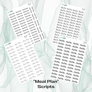 May include: A sheet of printable stickers with the words "Meal Plan" written in different fonts and styles. The stickers are designed for use in a planner or journal.