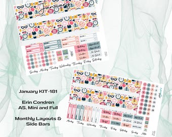 Può includere: Un set di adesivi per planner a tema gennaio con un motivo colorato con cappelli da festa, coriandoli e orologi. Gli adesivi includono un calendario mensile, caselle giornaliere e barre laterali con testo come "Compleanno", "Vacanza" e "Appuntamento".