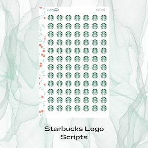 May include: Sheet of stickers featuring the Starbucks logo in green. The stickers are arranged in a grid pattern on a white background. The text "Starbucks Logo Scripts" is at the bottom of the sheet.