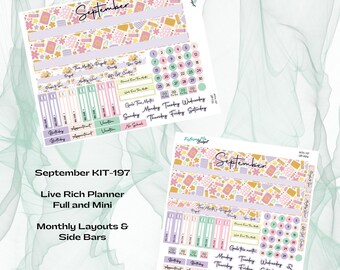 May include: Two sheets of planner stickers with a September theme. The stickers feature pastel colors, floral and geometric patterns, and calendar elements. Text includes "September," "Live Rich Planner," and days of the week.
