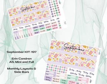 May include: Two planner sticker sheets with a pastel floral and geometric design. The word "September" is written in cursive. The sheets include date stickers, side bars, and labels for appointments and notes. The text "September KIT-197" is also visible.