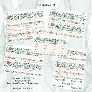 May include: A collection of budget stickers with floral designs. The stickers include sections for tracking income, expenses, savings, debt, and paychecks. The text "Full Budget Kit" and "December KIT-203" are visible.