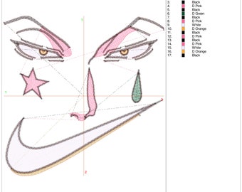 HISOKA Gezicht ANIME swoosh borduurwerk FILE | 4 maten | Werkt op elke machine