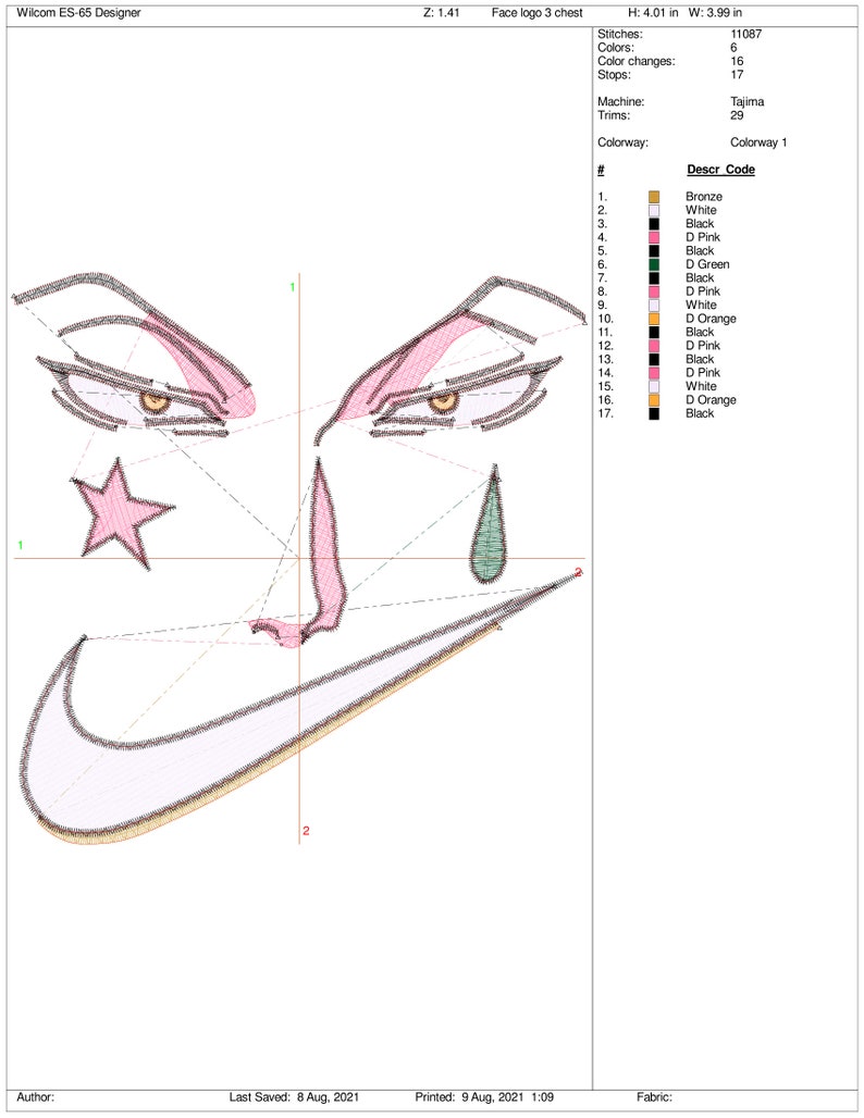 Pu&ograve; includere: Un disegno ricamato con occhi stilizzati, una stella e una lacrima, con un logo Nike incorporato. Il design utilizza fili color bronzo, bianco, nero, rosa e verde. Le dimensioni sono di circa 10,19 cm di altezza e 10,13 cm di larghezza.