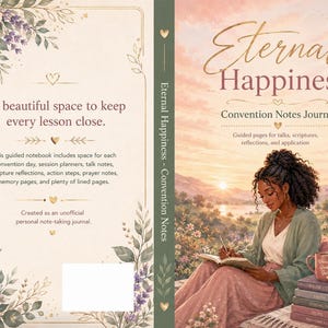 Pode incluir: Uma capa de diário intitulada Eternal Happiness Convention Notes Journal com uma paisagem ao pôr do sol, uma pessoa escrevendo, bordas florais e texto descrevendo o conteúdo, incluindo planejadores de sessões e notas de palestras.