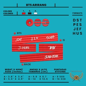 Puede incluir: Gráfico turquesa con el texto "BTS ARIRANG" y los nombres de los miembros de la banda. La imagen incluye medidas en cm y pulgadas, junto con recuentos de puntadas. El diseño presenta elementos rojos y blancos.