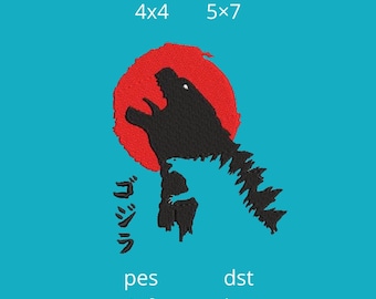Puede incluir: Un diseño de Godzilla en negro contra un sol rojo, con texto japonés y las palabras "4x4" y "5x7" arriba. El diseño está sobre un fondo verde azulado, con "pes", "jef", "dst" y "hus" debajo.